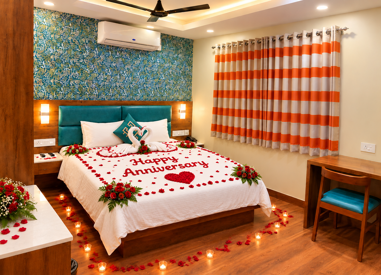 Room decorated with rose petals and candles