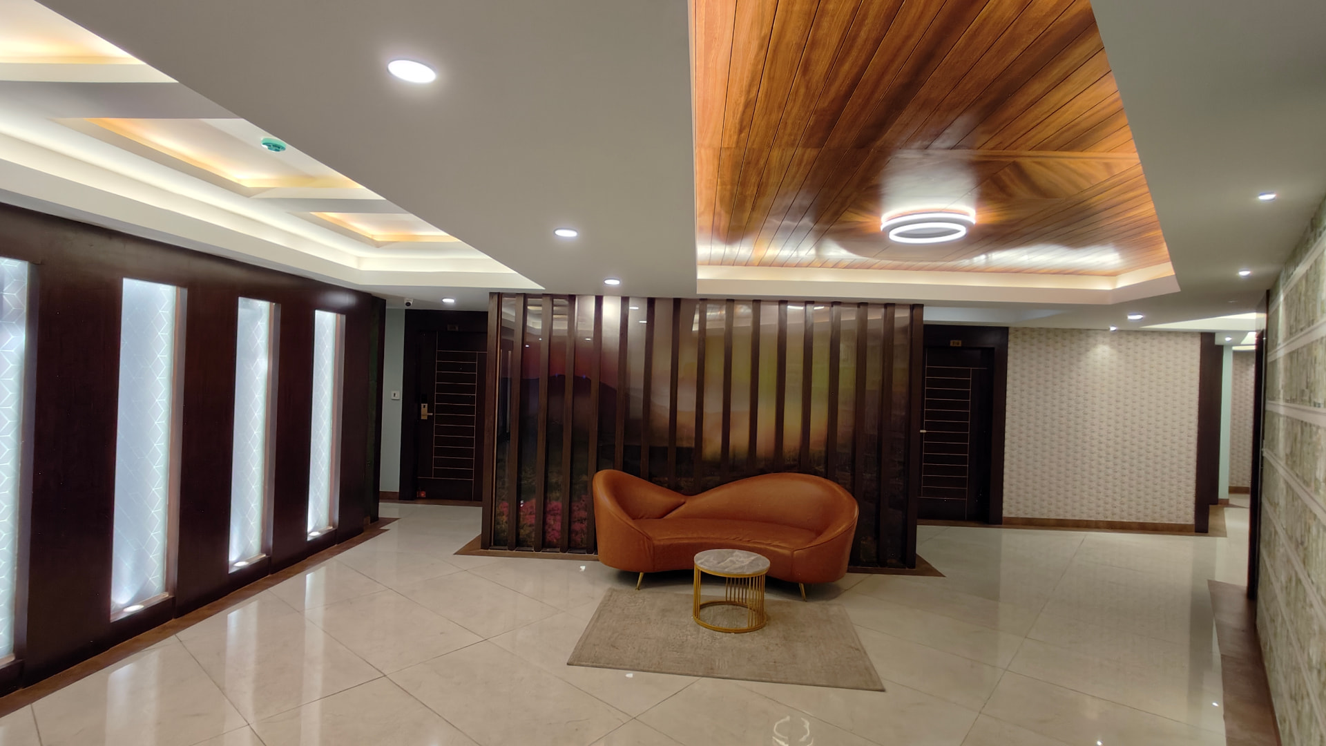 Hotel corridor lounge and seating area
