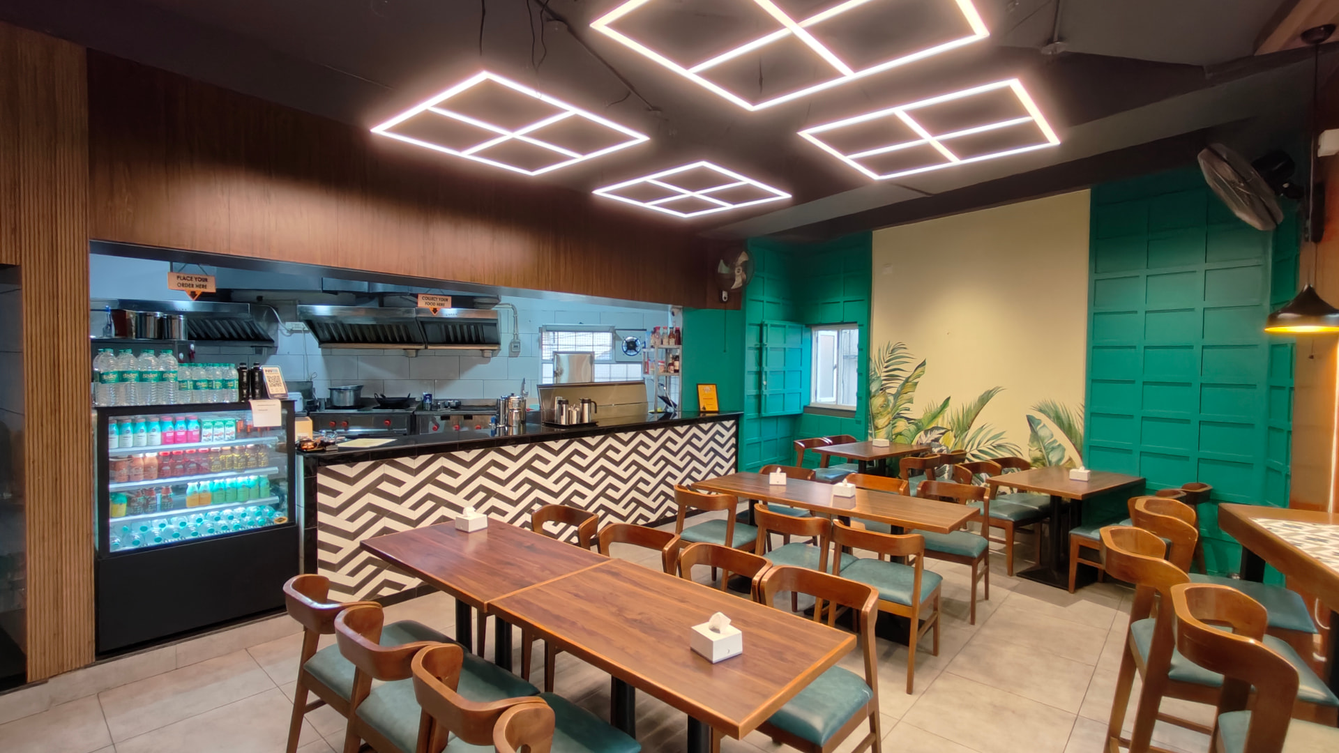 Restaurant dining space and open kitchen